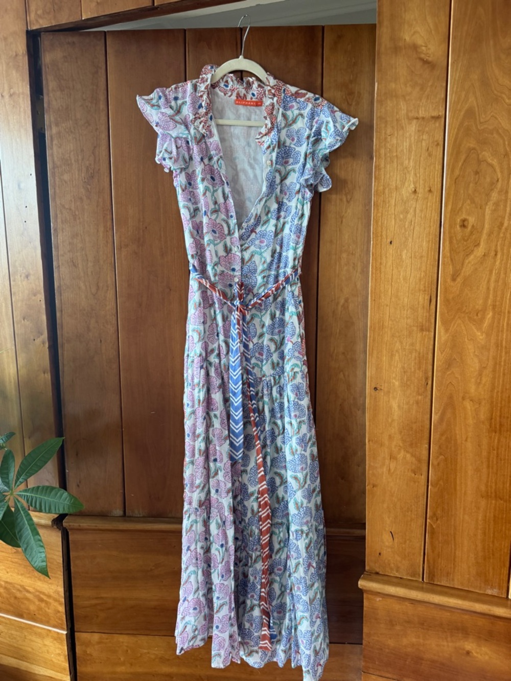 Oliphant Multi-Print Ruffle Sleeve Maxi Dress in White, Blue, Pink